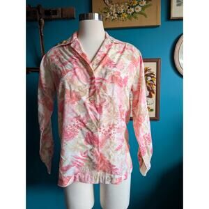 Vintage 60s Pink and Beige Autumn Leaf Print Button Up Top